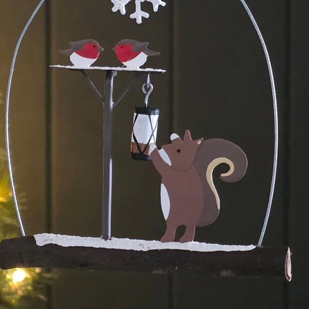 Squirrel and Robins Hanging Christmas Decoration