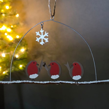 Three Robins on Perch Hanging Christmas Decoration Three Robins on Perch Hanging Christmas Decoration