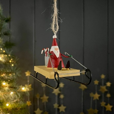 Candy Cane Santa on Sledge Hanging Christmas Decoration Candy Cane Santa on Sledge Hanging Christmas Decoration