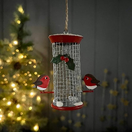 Robins On Bird Feeder Hanging Christmas Decoration Robins On Bird Feeder Hanging Christmas Decoration