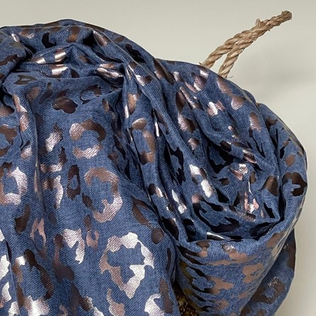 Rose Gold Leopard Print Scarf in Denim Blue Rose Gold Leopard Print Scarf in Denim Blue