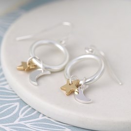 Moon & Star Gold Plated Hoop Drop Earrings Moon & Star Gold Plated Hoop Drop Earrings