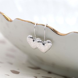 Worn Silver Plated Hammered Heart Hook Earrings Worn Silver Plated Hammered Heart Hook Earrings