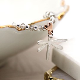 Silver Plated Dragonfly Bracelet with Rose Gold Plated Heart Silver Plated Dragonfly Bracelet with Rose Gold Plated Heart