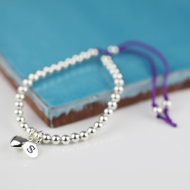 Personalised Silver Heart And Bead Friendship Bracelet Personalised Silver Friendship Bracelet Purple