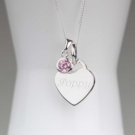 Engraved Silver Heart Necklace With Birthstone Engraved Silver Heart Necklace With Birthstone
