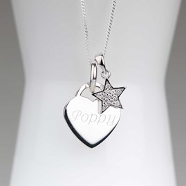 Engraved Silver Heart Necklace With Star Engraved Silver Heart Necklace With Star