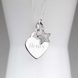 Engraved Silver Heart Necklace With Star Engraved Silver Heart Necklace With Star