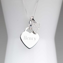 Engraved Silver Heart Necklace With Sparkly Heart Engraved Silver Heart Necklace With Sparkly Heart