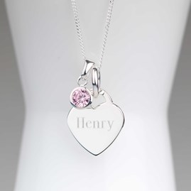 Engraved Silver Heart Necklace With Birthstone Engraved Silver Heart Necklace With Birthstone