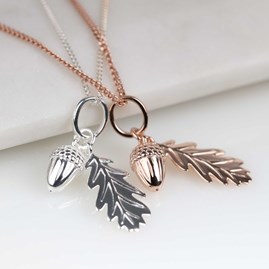 Personalised Sterling Silver Acorn And Leaf Pendant Personalised Acorn And Leaf Rose Gold Or Silver Pendant