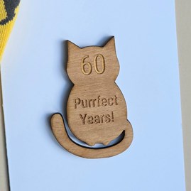 '60 Purrfect Years!' Wooden Cat Token and Birthday Card