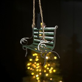 Cat and Robin on Bench Hanging Christmas Decoration