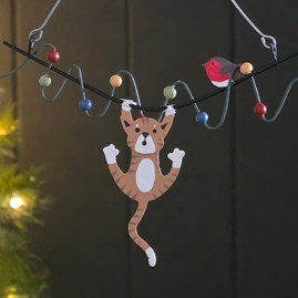Cat Hanging from Fairy Lights Christmas Decoration
