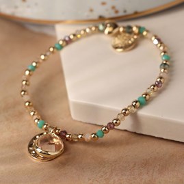 Golden and Aqua Mix Bead Bracelet with Disc and Crystal Golden and Aqua Mix Bead Bracelet with Disc and Crystal