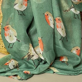 Watercolour Robins Print Scarf in Green