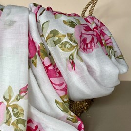 Rose Print Scarf in White and Fuchsia