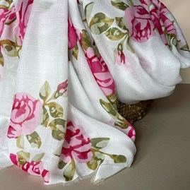 Rose Print Scarf in White and Fuchsia Rose Print Scarf in White and Fuchsia