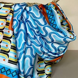Silky Multicolour Retro Print Scarf with Bright Orange Border Silky Multicolour Retro Print Scarf with Bright Orange Border