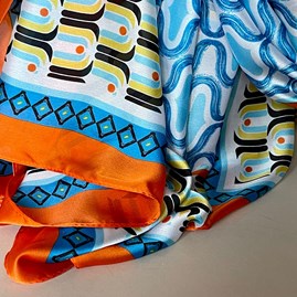 Silky Multicolour Retro Print Scarf with Bright Orange Border Silky Multicolour Retro Print Scarf with Bright Orange Border