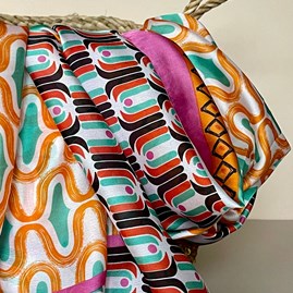 Silky Multicolour Retro Print Scarf with Bright Pink Border Silky Multicolour Retro Print Scarf with Bright Pink Border
