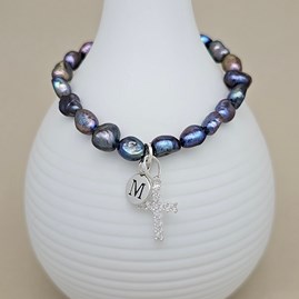 Personalised Black Pearl Silver Cross Bracelet Personalised Black Pearl Silver Cross Bracelet