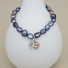 Personalised Black Pearl Heart Charm Bracelet Personalised Black Pearl Heart Charm Bracelet