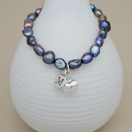 Personalised Black Pearl Heart Charm Bracelet Personalised Black Pearl Heart Charm Bracelet