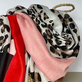 Leopard Print Scarf with Block Border in Red