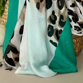 Leopard Print Scarf with Block Border in Green