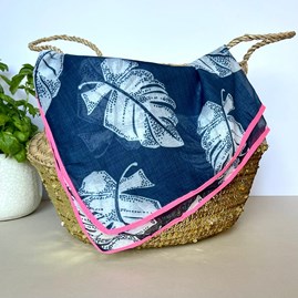 Tropical Leaf Scarf with Border in Navy Blue and Fuchsia Tropical Leaf Scarf with Border in Navy Blue and Fuchsia