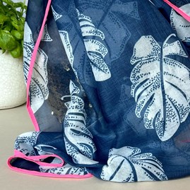 Tropical Leaf Scarf with Border in Navy Blue and Fuchsia Tropical Leaf Scarf with Border in Navy Blue and Fuchsia