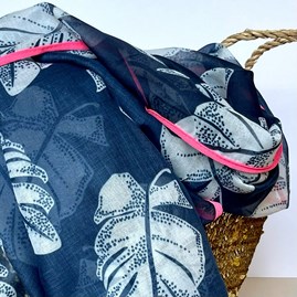 Tropical Leaf Scarf with Border in Navy Blue and Fuchsia Tropical Leaf Scarf with Border in Navy Blue and Fuchsia