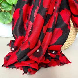 Bold Red Poppy Print Frayed Scarf in Black