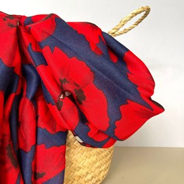 Bold Red Poppy Print Frayed Scarf in Navy Blue