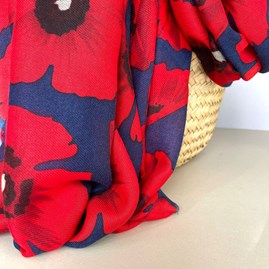 Bold Red Poppy Print Frayed Scarf in Navy Blue Bold Red Poppy Print Frayed Scarf in Navy Blue