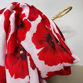 Bold Red Poppy Print Frayed Scarf in White Bold Red Poppy Print Frayed Scarf in White