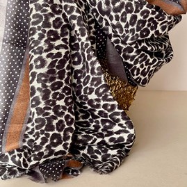 Leopard Print Border Scarf in Grey and Brown