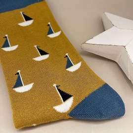 Men's Bamboo Little Boats Socks In Mustard Men's Bamboo Little Boats Socks In Mustard