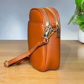 Cross Body Double Zip Bag in Brown