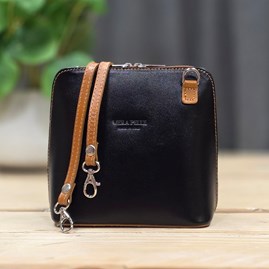 Leather Cross Body Handbag in Black and Tan