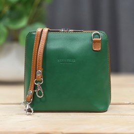 Leather Cross Body Handbag in Green and Tan