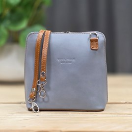 Leather Cross Body Handbag in Light Grey and Tan