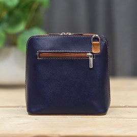 Leather Cross Body Handbag in Navy Blue and Tan