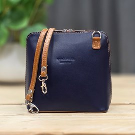 Leather Cross Body Handbag in Navy Blue and Tan