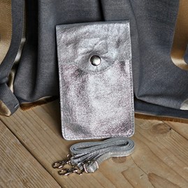 Metallic Leather Cross Body Phone Bag in Silver