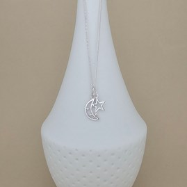 Personalised Eid Moon And Star Charm Silver Necklace Personalised Eid Moon And Star Charm Silver Necklace