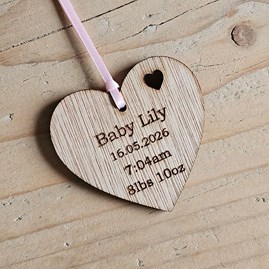 Personalised New Baby Hanging Heart Decoration and Card Personalised New Baby Hanging Heart Decoration and Card
