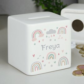 Personalised Rainbow Ceramic Square Money Box Personalised Rainbow Ceramic Square Money Box