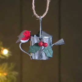Robin On Watering Can with Holly Hanging Decoration